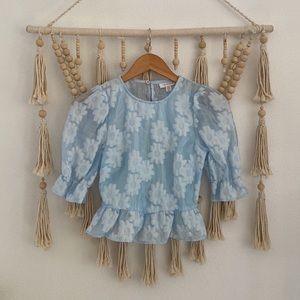 Topshop blue taffeta cropped blouse puff sleeve floral embroidered top size 4